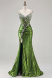 Metallic Golden Beaded Mermaid Corset Long Prom Dress with Slit