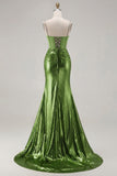 Metallic Golden Beaded Mermaid Corset Long Prom Dress with Slit