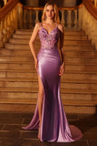 Purple Mermaid Corset Sequins Appliqued Satin Long Prom Dress with Slit