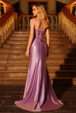 Purple Mermaid Corset Sequins Appliqued Satin Long Prom Dress with Slit