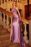 Purple Mermaid Corset Sequins Appliqued Satin Long Prom Dress with Slit
