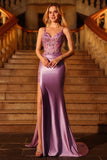 Purple Mermaid Corset Sequins Appliqued Satin Long Prom Dress with Slit