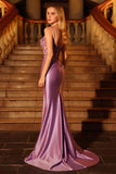 Purple Mermaid Corset Sequins Appliqued Satin Long Prom Dress with Slit