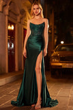 Dark Green Strapless Mermaid Corset Beaded Lace Up Back Long Prom Dress with Slit