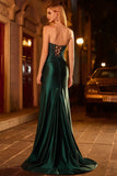 Dark Green Strapless Mermaid Corset Beaded Lace Up Back Long Prom Dress with Slit