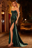 Dark Green Strapless Mermaid Corset Beaded Lace Up Back Long Prom Dress with Slit