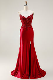 Strapless Red Mermaid Corset Beaded Long Prom Dress with Slit