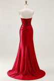 Strapless Red Mermaid Corset Beaded Long Prom Dress with Slit