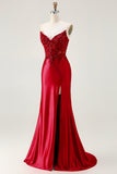 Strapless Red Mermaid Corset Beaded Long Prom Dress with Slit