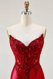 Strapless Red Mermaid Corset Beaded Long Prom Dress with Slit
