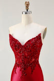 Strapless Red Mermaid Corset Beaded Long Prom Dress with Slit