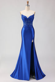 Royal Blue Beaded Strapless Mermaid Corset Satin Long Prom Dress with Slit