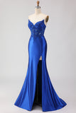 Royal Blue Beaded Strapless Mermaid Corset Satin Long Prom Dress with Slit