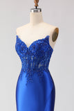 Royal Blue Beaded Strapless Mermaid Corset Satin Long Prom Dress with Slit