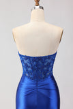 Royal Blue Beaded Strapless Mermaid Corset Satin Long Prom Dress with Slit