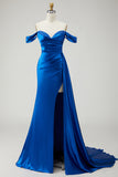 Royal Blue Off The Shoulder Mermaid Beaded Streamer Ruched Long Prom Dress with Slit