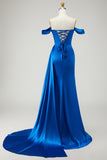 Royal Blue Off The Shoulder Mermaid Beaded Streamer Ruched Long Prom Dress with Slit