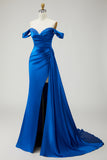 Royal Blue Off The Shoulder Mermaid Beaded Streamer Ruched Long Prom Dress with Slit