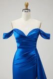 Royal Blue Off The Shoulder Mermaid Beaded Streamer Ruched Long Prom Dress with Slit