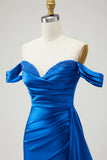 Royal Blue Off The Shoulder Mermaid Beaded Streamer Ruched Long Prom Dress with Slit
