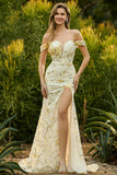 Off The Shoulder Yellow Mermaid Floral Sequin Long Prom Dress with Slit