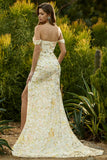 Off The Shoulder Yellow Mermaid Floral Sequin Long Prom Dress with Slit