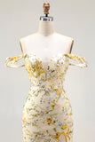 Yellow Off The Shoulder Mermaid Floral Sequins Long Prom Dress with Slit