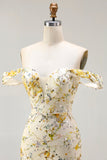 Yellow Off The Shoulder Mermaid Floral Sequins Long Prom Dress with Slit