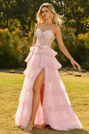 Strapless Pink A Line Beaded Corset Tiered Ruffle Long Prom Dress with Slit