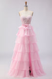 Pink Beaded A Line Strapless Corset Tiered Ruffle Long Prom Dress with Slit