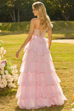 Strapless Pink A Line Beaded Corset Tiered Ruffle Long Prom Dress with Slit