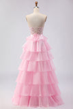 Strapless Pink A Line Beaded Corset Tiered Ruffle Long Prom Dress with Slit