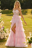 Strapless Pink A Line Beaded Corset Tiered Ruffle Long Prom Dress with Slit