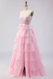 Pink Beaded A Line Strapless Corset Tiered Ruffle Long Prom Dress with Slit