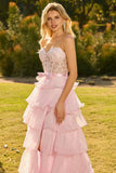 Strapless Pink A Line Beaded Corset Tiered Ruffle Long Prom Dress with Slit