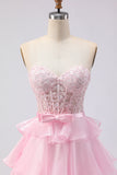 Pink Beaded A Line Strapless Corset Tiered Ruffle Long Prom Dress with Slit