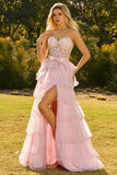 Strapless Pink A Line Beaded Corset Tiered Ruffle Long Prom Dress with Slit