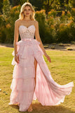Strapless Pink A Line Beaded Corset Tiered Ruffle Long Prom Dress with Slit