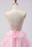 Pink Beaded A Line Strapless Corset Tiered Ruffle Long Prom Dress with Slit