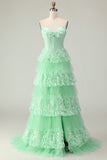 Sparkly Green A Line Sweetheart Sequins Tiered Corset Long Prom Dress with Slit