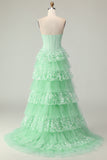 Sparkly Green A Line Sweetheart Sequins Tiered Corset Long Prom Dress with Slit