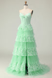 Green A Line Sweetheart Sequins Tiered Ruffle Corset Long Prom Dress with Slit