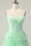 Green A Line Sweetheart Sequins Tiered Ruffle Corset Long Prom Dress with Slit