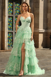 Sparkly Green A Line Sweetheart Sequins Tiered Corset Long Prom Dress with Slit