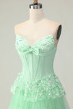 Green A Line Sweetheart Sequins Tiered Ruffle Corset Long Prom Dress with Slit