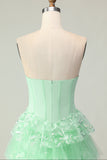 Green A Line Sweetheart Sequins Tiered Ruffle Corset Long Prom Dress with Slit