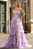 Purple Strapless Tiered A-Line Corset Sequin Long Prom Dress with Slit