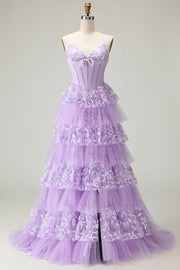Sparkly Purple A-Line Strapless Corset Tiered Appliqued Long Prom Dress with Slit