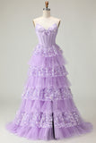 Purple Strapless Tiered A-Line Corset Sequin Long Prom Dress with Slit