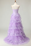 Purple Strapless Tiered A-Line Corset Sequin Long Prom Dress with Slit